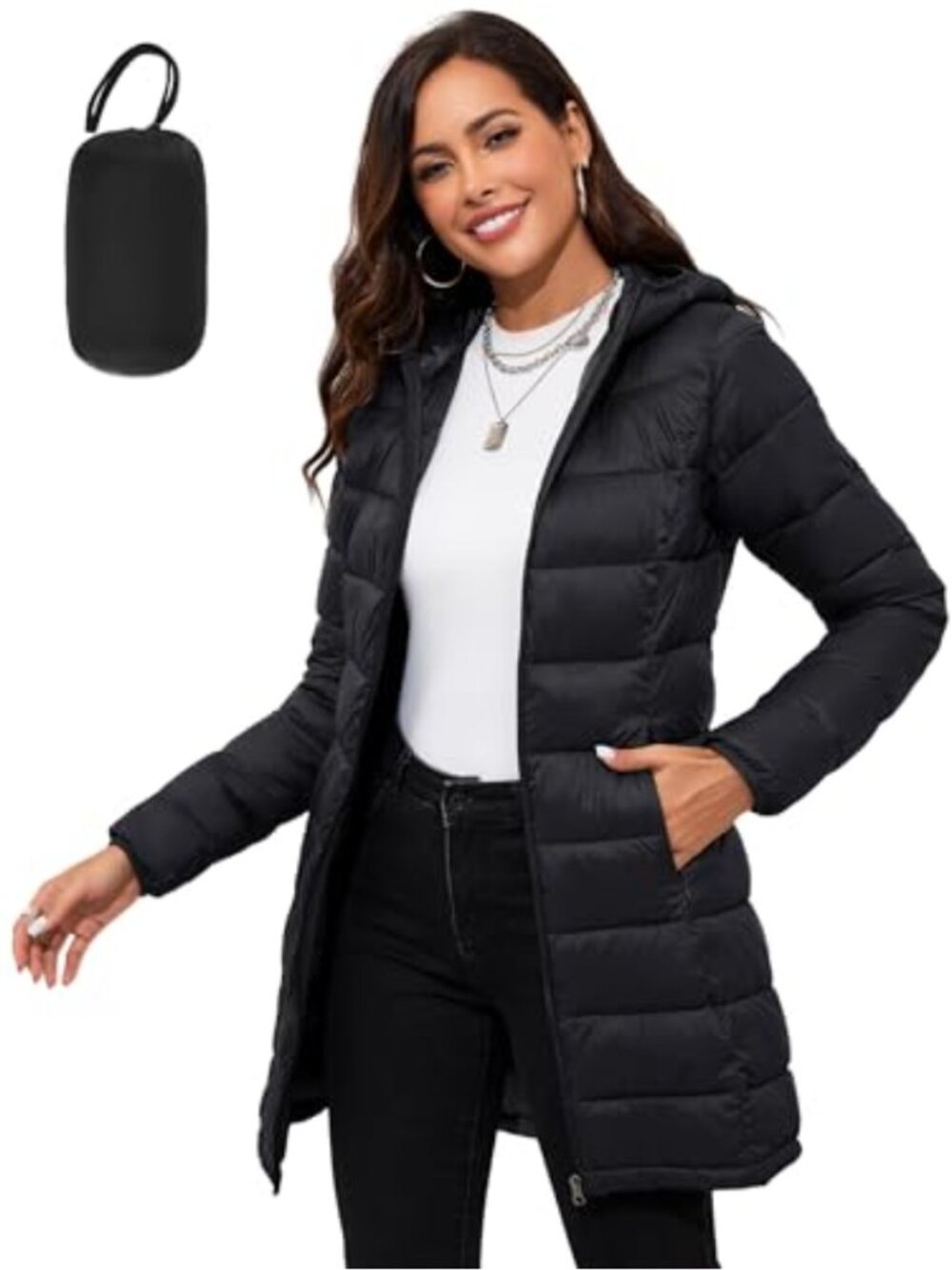 Women's Packable Puffer Jacket Hooded Mid-Length Quilted Winter Coat